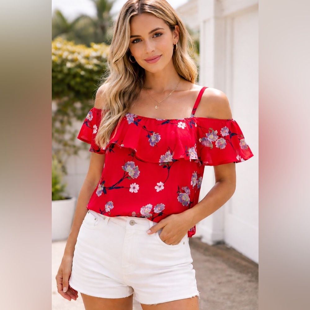 Nanette Lepore Red Floral Ruffle Blouse – Made in NYC | Size Medium